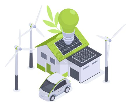 Illustration for Isometric alternative energy, house with wind and solar energy. Renewable energy residential building and electro car, solar battery panels 3d flat vector illustration on white background - Royalty Free Image