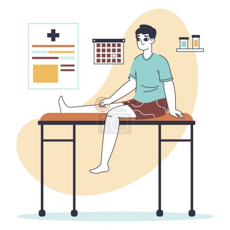 Illustration for Man suffering from knee pain in hospital. Sick male patient suffer from injury pain, unhappy person with bone ache isolated flat vector illustration on white background - Royalty Free Image