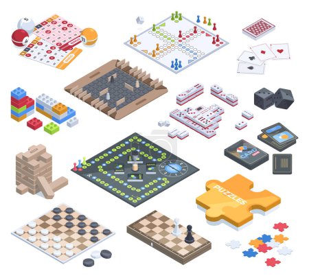 Illustration for Isometric table gaming, 3d recreation board games. Cards poker, mahjong, bingo and monopoly games vector illustration set. Board games collection - Royalty Free Image