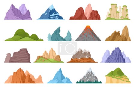 Illustration for Cartoon mountain peak, green hills and glacier mountain. Nature landscape mountain peaks, hill top and iceberg flat vector illustration set. Outdoor hiking rock collection - Royalty Free Image