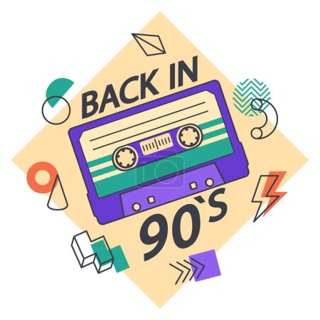 Illustration for Cartoon 90s music audio and stereo tape sticker. Retro cassette tape, 80s pop culture song tape, disco party badge flat vector illustration on white background - Royalty Free Image