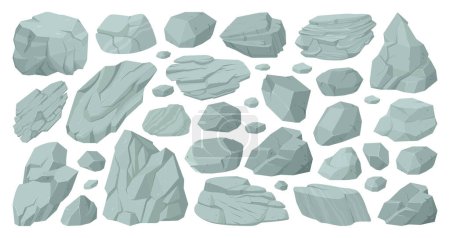 Kreskówkowe granitowe skały i szare kamienie, kamienie skaliste głazy. Granitowe kamienie, góra kamień stos płaski wektor ilustracja na białym tle