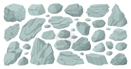 Téléchargez les illustrations : Dessin animé rochers de granit et de cailloux gris, rochers rocheux rocheux. Pierre de granit, pierre de montagne tas de pierre illustration vectorielle plate sur fond blanc - en licence libre de droit