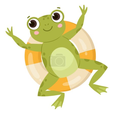 Illustration for Green amphibia, cartoon cute frog, water animal. Funny froggy floats on inflatable ring, cheerful froglet flat vector illustration on white background - Royalty Free Image