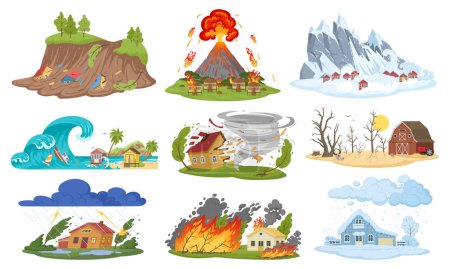 Cartoon natural disaster, hurricane, flooding and forest fire. Earthquake, drought and blizzard, environment damage cataclysm flat vector illustration set. Natural catastrophe collection