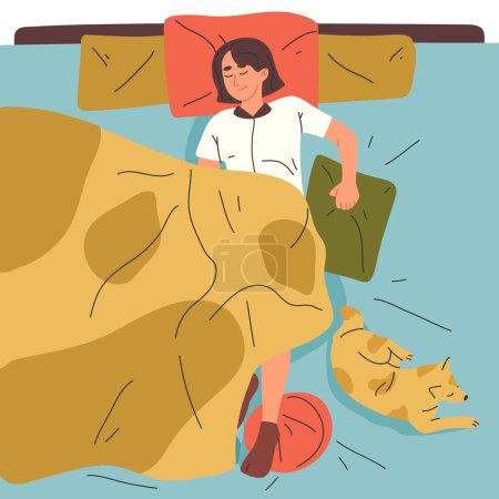 Sleeping woman in bed. Cartoon resting with cute dog female character, bedtime scene flat vector illustration on white background
