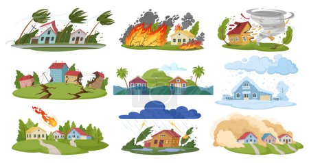 Illustration for Natural disasters, cartoon damage catastrophe cataclysms. Hurricane, forest fire, flooding, earthquake and snow blizzard flat vector illustration set. Earth damage disaster collection - Royalty Free Image