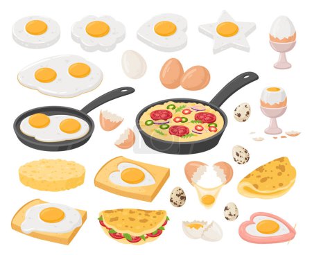Cartoon eggs dishes, cooked eggs. Fried, boiled, stuffed egg, scrambled omelette and frittata, healthy delicious breakfast flat vector illustration set. Tasty cooked egg dishes