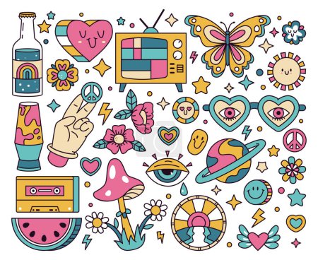 Retro-Hippie-Sticker. Groovy Doodle Blume, Regenbogen und Pilz, psychedelische Hippie-Abzeichen flache Cartoon-Vektor-Illustration auf weißem Hintergrund eingestellt