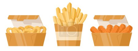 Illustration for Cartoon junk fast food. French fries, crispy nuggets and fried onion rings, takeaway restaurant food flat vector illustration set. Tasty junk snacks - Royalty Free Image