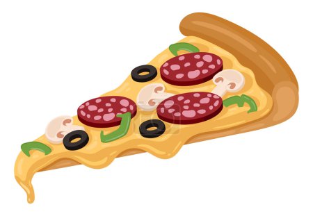Illustration for Cartoon pizza slice. Delicious cheese pizza with pepperoni and mushrooms, tasty fast food dish flat vector illustration on white background - Royalty Free Image