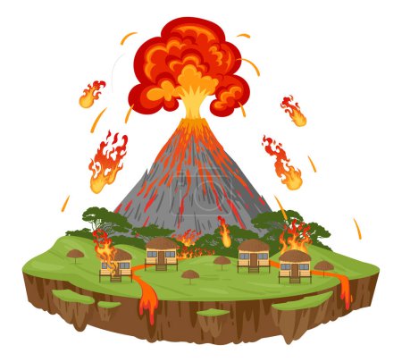 Ilustración de Erupción del volcán de dibujos animados, desastre natural. Daños ambientales, flujos de lava y bolas de fuego, cataclismo extremo desastre ilustración vectorial plana sobre fondo blanco - Imagen libre de derechos