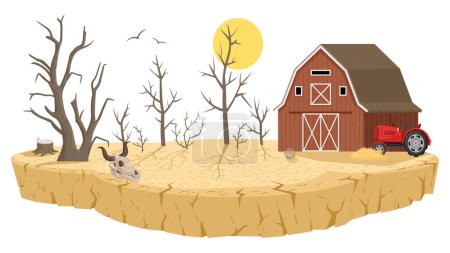 Illustration for Cartoon barren lands, natural disaster. Drought land, dry farmlands soil with dead trees, barrenness and soil poverty flat vector illustration isolated on white background - Royalty Free Image