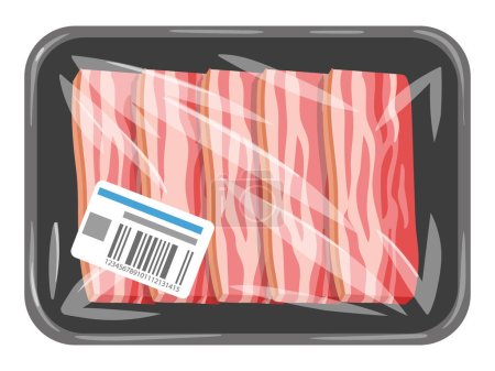 Téléchargez les illustrations : Dessin animé bacon cru. Tranches de bacon rouge de porc dans un emballage plastique sous vide, savoureux rashers bacon emballés avec illustration vectorielle plate en polyéthylène sur fond blanc - en licence libre de droit