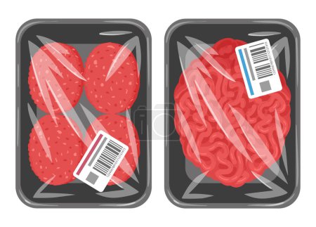 Illustration for Cartoon raw chopped meat. Beef or pork red mince in vacuum plastic packaging, tasty meat patty packed with polyethylene flat vector illustration on white background - Royalty Free Image