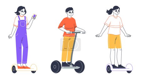 Illustration for People riding electric gyro-scooters. Eco transport, man and woman ride eco friendly transportation flat vector illustration on white background - Royalty Free Image