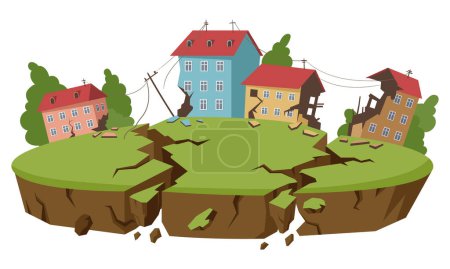 Illustration for Cartoon earthquake natural disaster. Earth crust break, environment damage catastrophe, earthquake cataclysms flat vector illustration on white background - Royalty Free Image