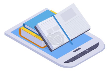 Illustration for Isometric online books. Modern library, online literature and audio books, educational literature concept flat vector illustration on white background - Royalty Free Image