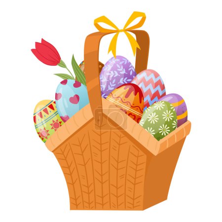 Cartoon wicker basket full of easter eggs. Painted easter eggs in hamper handle basket, spring holiday celebration basket flat vector illustration on white background