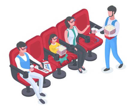 Téléchargez les illustrations : Isometric movie theatre visitors sitting in cinema chairs. People with popcorn, soda pop and 3d glasses watching film on big screen 3d vector illustration on white background - en licence libre de droit