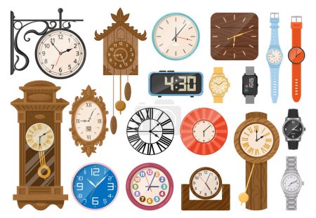 Illustration for Cartoon clock. Wristwatches, electronic watch, mechanical vintage clocks, digital timepieces and quartz interior chronometers flat vector illustration set. Time measuring devices - Royalty Free Image
