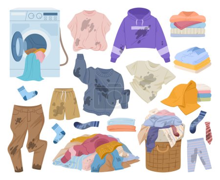 Téléchargez les illustrations : Cartoon dirty clothes. Wrinkled stained clothes, laundry basket and stack of clean clothing flat vector illustration collection. Laundry apparel set - en licence libre de droit