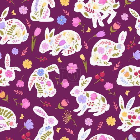 Ilustración de Cartoon Easter rabbits patterns. Floral decorative cute bunny flat seamless vector background illustration. Rabbits pattern endless design - Imagen libre de derechos