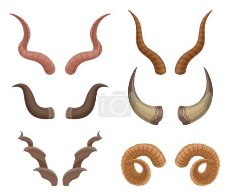 Cartoon wild animals horns. Horned goat, buffalo and ram antlered, ungulates mammals horns flat vector illustration set on white background