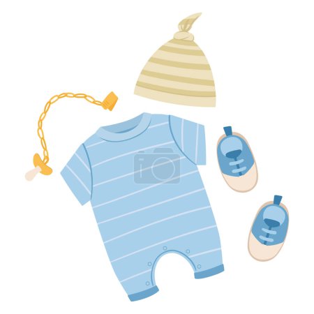 Illustration for Cartoon baby outfit. Baby boy or girl casual garments, cute little romper, baby pacifier and hat flat vector illustration on white backgroun - Royalty Free Image