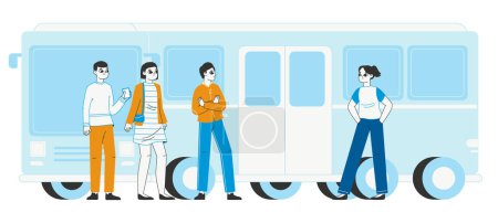 Illustration for City bus passengers. Public bus station, people waiting bus at public transport staton flat vector illustration on white background - Royalty Free Image