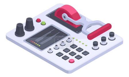 Téléchargez les illustrations : Isometric control panel. Spaceship, aircraft dashboard with controllers, buttons and sliders 3d vector illustration on white background - en licence libre de droit