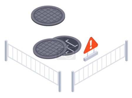 Isometric city road barriers. Urban city sewer works, road under construction, road fenced with security signposts 3D vector illustration