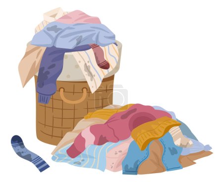 Téléchargez les illustrations : Cartoon dirty clothes. Laundry basket and stack of clean clothing flat vector illustration on white background - en licence libre de droit