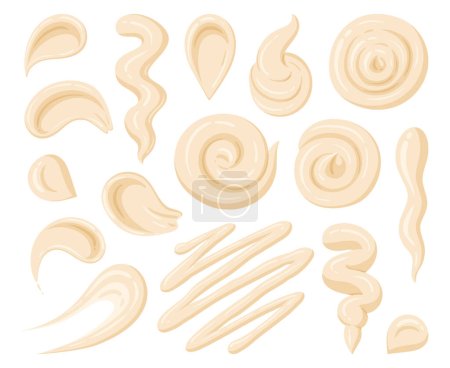 Cartoon mayo sauce stains. White sauce dip, sauce splash, fast food dressing, bechamel sauce flat vector illustration on white background