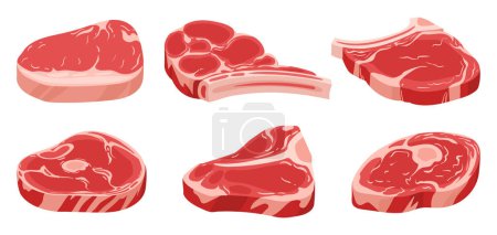 Téléchargez les illustrations : Cartoon raw meat steaks. Pork or red beef steaks, fresh raw filet flat vector illustration on white background - en licence libre de droit