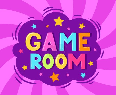 Ilustración de Kids game room poster. Cartoon children playroom zone, kids entertainment party club badge flat vector illustration on white background - Imagen libre de derechos