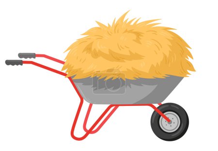 Téléchargez les illustrations : Rural hay in wheelbarrow. Cartoon agricultural farm stacked fodder straw, cart of dried hay flat vector background illustration - en licence libre de droit