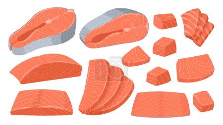 Téléchargez les illustrations : Cartoon sliced salmon. Red fish pieces, delicious sashimi slices, salmon steak and fillet flat vector illustration set. Salmon slices collection - en licence libre de droit