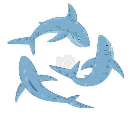 Illustration for Cartoon ocean sharks. Swimming shark underwater creature, marine predator creatures, ocean shark predators flat vector symbols illustration set - Royalty Free Image