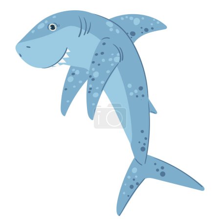 Illustration for Cartoon cute shark character. Swimming ocean shark creature, marine predator mascot. Underwater shark predator flat vector illustration on white background - Royalty Free Image