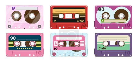 Ilustración de Cartoon 80s stereo tape cassette. Vintage tape records, 90s music audio cassette, analogue player old tape flat vector illustration set - Imagen libre de derechos