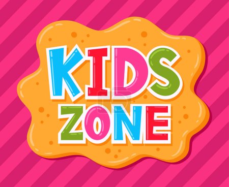 Ilustración de Cartoon kids zone poster. Children playroom and game zone badge, baby entertainment party club flat vector illustration on white background - Imagen libre de derechos