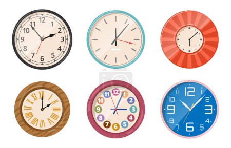 Illustration for Cartoon round watches. Electronic wall clock, mechanical vintage clock faces, digital timepieces and quartz interior chronometers flat vector illustration set - Royalty Free Image