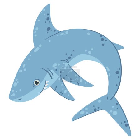 Illustration for Cartoon swimming shark. Cute ocean shark creature, underwater predator mascot, marine shark predator flat vector illustration on white background - Royalty Free Image