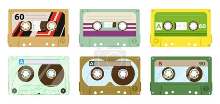 Ilustración de Stereo tape cassette. Cartoon vintage 80s tapes, music audio cassette, 90s analogue player tape flat vector illustration on white background - Imagen libre de derechos
