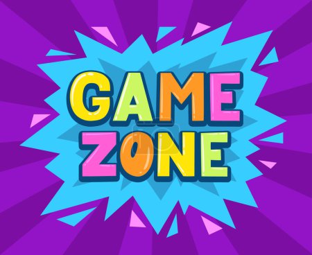 Ilustración de Game zone poster. Cartoon kids playroom, children entertainment party club and play zone badge flat vector illustration on white background - Imagen libre de derechos