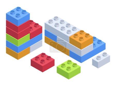 Illustration for Isometric brick toys. Building 3d blocks, children lesure game, colorful bricks toy 3D vector illustration on white background - Royalty Free Image