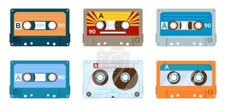 Illustration for Stereo tape 80s cassettes. Cartoon vintage tape record, 90s music audio cassette, analogue player old tape flat vector illustration on white background - Royalty Free Image