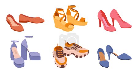 Téléchargez les illustrations : Cartoon summer and spring footwear. Modern female shoes, heels, sneakers and flats. Casual fashion shoes flat vector illustration set - en licence libre de droit