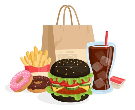 Téléchargez les illustrations : Cartoon fast food concept. Black cheese burger, french fries and soda pop, burger with grilled meat, cheese and fried potatoes flat vector illustration - en licence libre de droit
